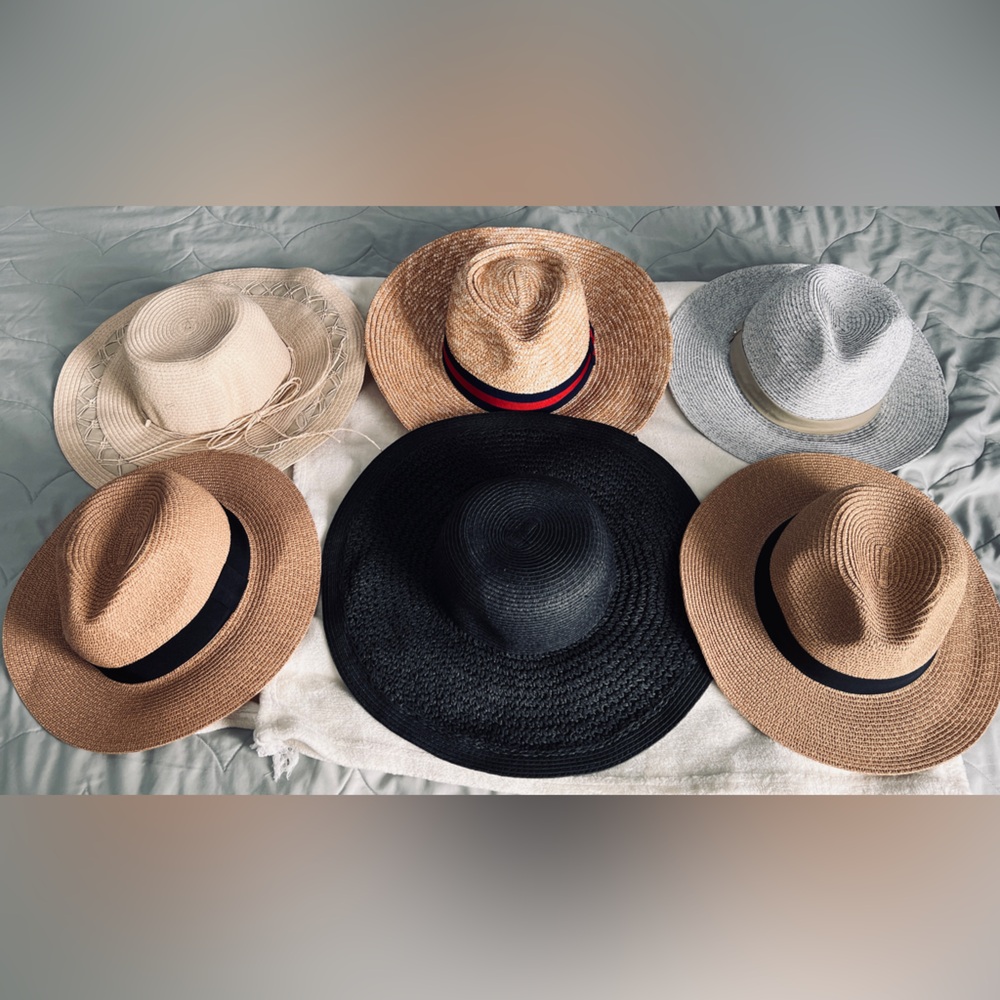 6 pcs Wide Brim Straw Sun Hat - Black